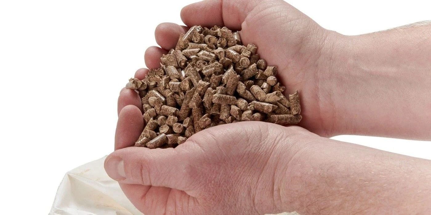 A close-up of a pair of hands holding a handful of wood heating pellets against a white background.